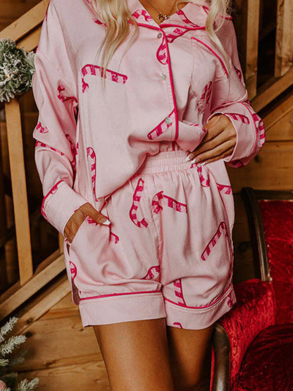 Pajamas-Festive Print Satin Pajama Set - 2-Piece Shorts & Long Sleeve Shirt-Pekosa Women Clothing