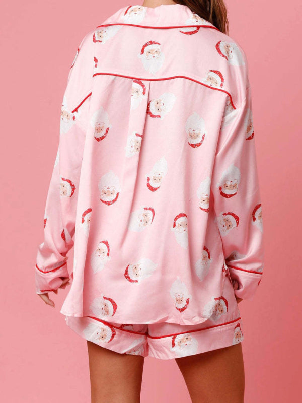 Pajamas-Festive Print Satin Pajama Set - 2-Piece Shorts & Long Sleeve Shirt-Pekosa Women Clothing