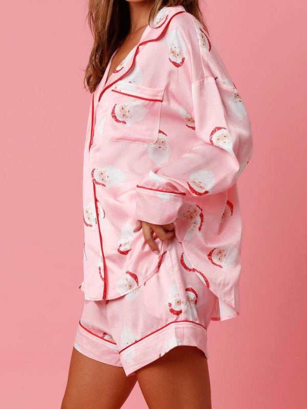 Pajamas-Festive Print Satin Pajama Set - 2-Piece Shorts & Long Sleeve Shirt-Pekosa Women Clothing