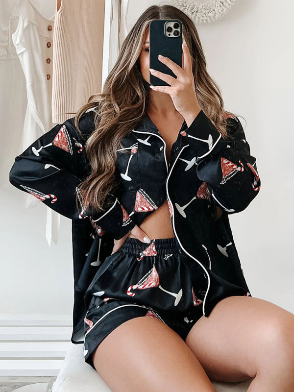 Pajamas-Festive Print Satin Pajama Set - 2-Piece Shorts & Long Sleeve Shirt-Pekosa Women Clothing