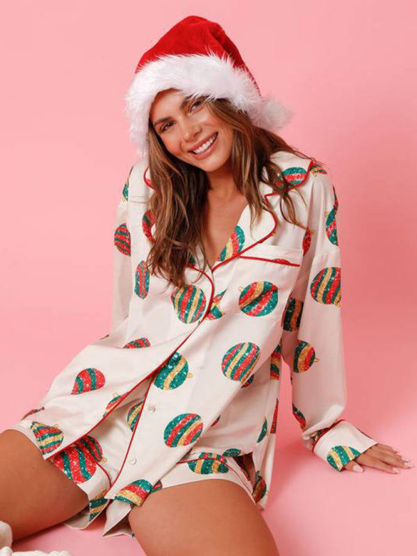 Pajamas-Festive Print Satin Pajama Set - 2-Piece Shorts & Long Sleeve Shirt-Pekosa Women Clothing