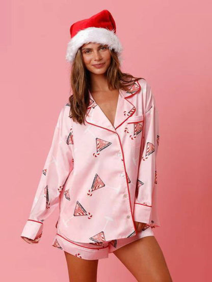 Pajamas-Festive Print Satin Pajama Set - 2-Piece Shorts & Long Sleeve Shirt-Pekosa Women Clothing