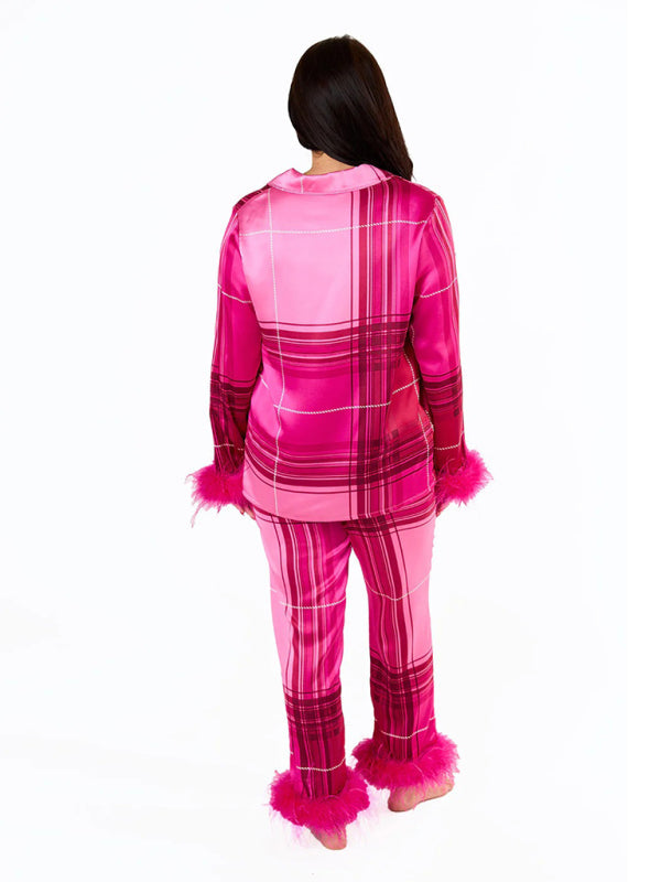 Festive Print Sleepwear | Feather Satin 2-Piece Pants & Long Sleeve Pajamas