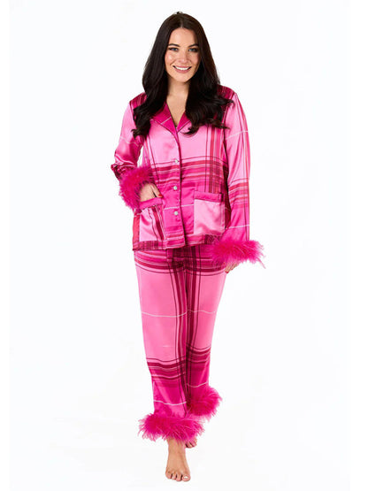 Festive Print Sleepwear | Feather Satin 2-Piece Pants & Long Sleeve Pajamas