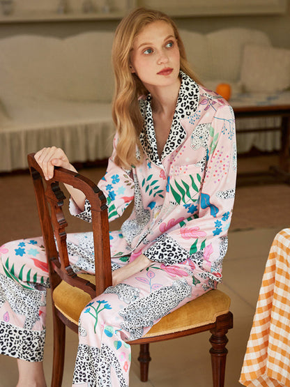 Floral Lounge Print 2 Piece Pajama Set - Long Sleeve Shirt & Pants