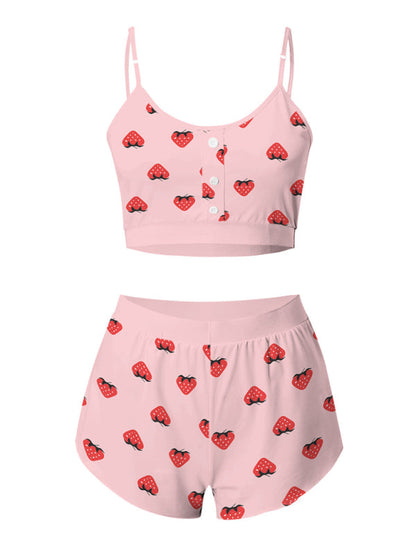 Pajamas- Love-Filled Heart Print 2-Piece Sleepwear with Cami and Shorts- - IndioGear Fashion and Gear