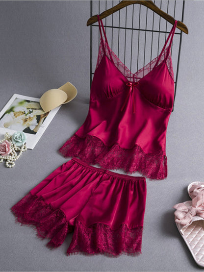 Pajamas- Satin 2-Piece Sleepwear Set - Silk Cami Top and Lace Shorts- - IndioGear Fashion and Gear