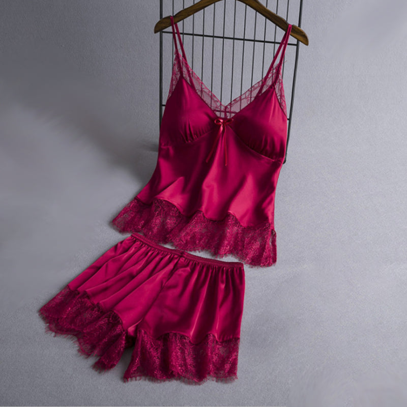 Pajamas- Satin 2-Piece Sleepwear Set - Silk Cami Top and Lace Shorts- Wine Red- IndioGear Fashion and Gear