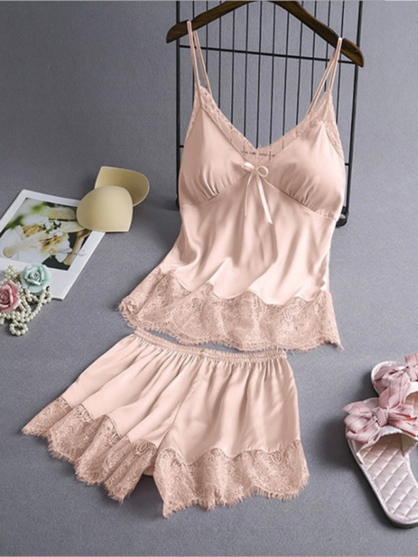 Pajamas- Satin 2-Piece Sleepwear Set - Silk Cami Top and Lace Shorts- Pink- IndioGear Fashion and Gear