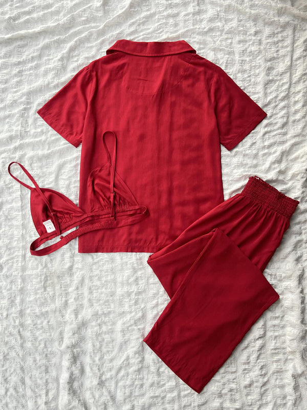 Pajamas- Slumber 3-Piece Solid Sleepwear with Shirt & Bra and Pants- - IndioGear Fashion and Gear