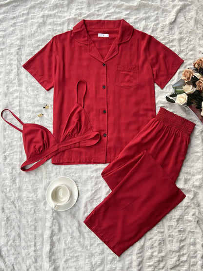 Pajamas- Slumber 3-Piece Solid Sleepwear with Shirt & Bra and Pants- - IndioGear Fashion and Gear