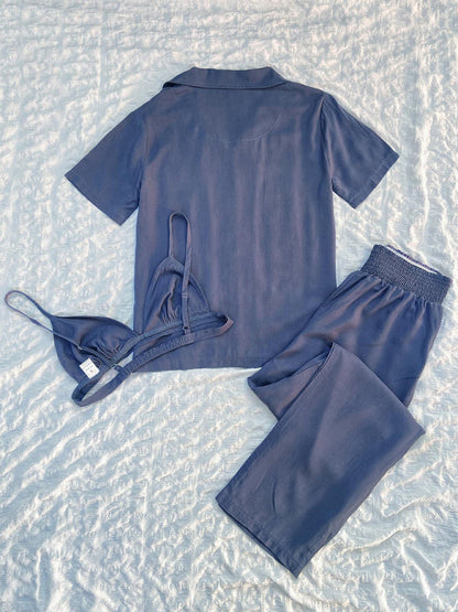 Pajamas- Slumber 3-Piece Solid Sleepwear with Shirt & Bra and Pants- - IndioGear Fashion and Gear