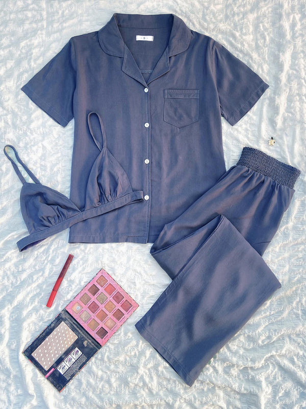 Pajamas- Slumber 3-Piece Solid Sleepwear with Shirt & Bra and Pants- - IndioGear Fashion and Gear