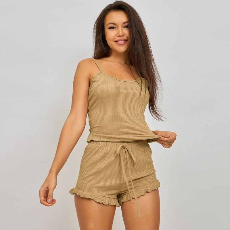 Pajamas- Summer 2-Piece Cami Top + Pajama Shorts Lounge Set- Khaki- IndioGear Clothing and Gear