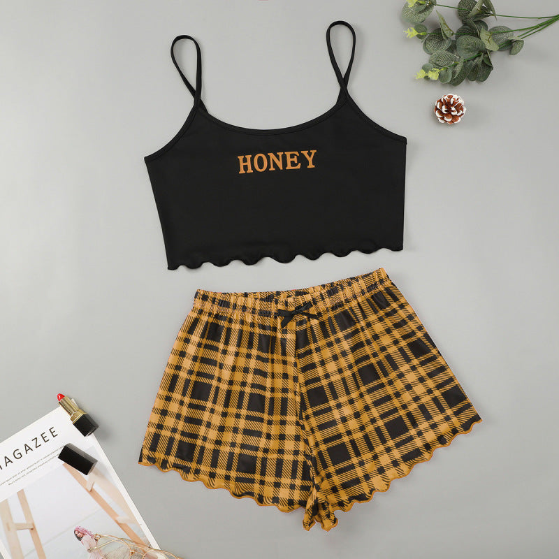 Pajamas- Summer Tartan Plaid Sleepwear Cami Top + Shorts- Yellow- IndioGear Clothing and Gear