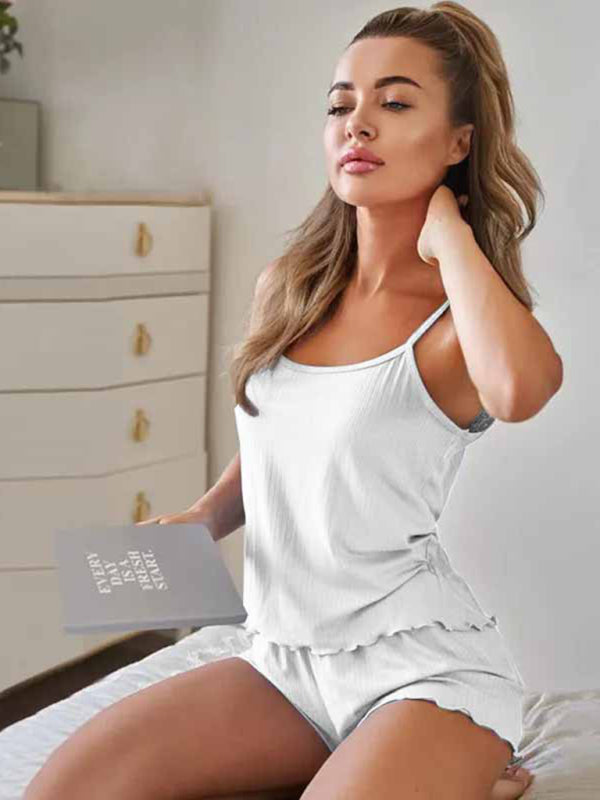 Pajamas- Textured Summer Loungewear - Cami and Shorts Pajama- White- IndioGear Fashion and Gear