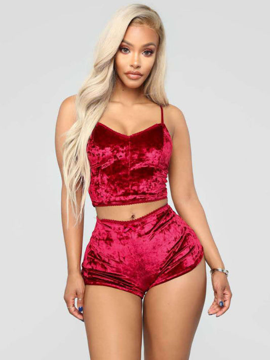 Pajamas- Velvet 2-Piece Sleepwear Set with Cami Top and Shorts Jammies- Wine Red- IndioGear Fashion and Gear