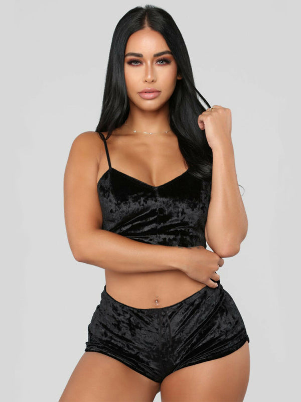 Pajamas- Velvet 2-Piece Sleepwear Set with Cami Top and Shorts Jammies- Black- IndioGear Fashion and Gear