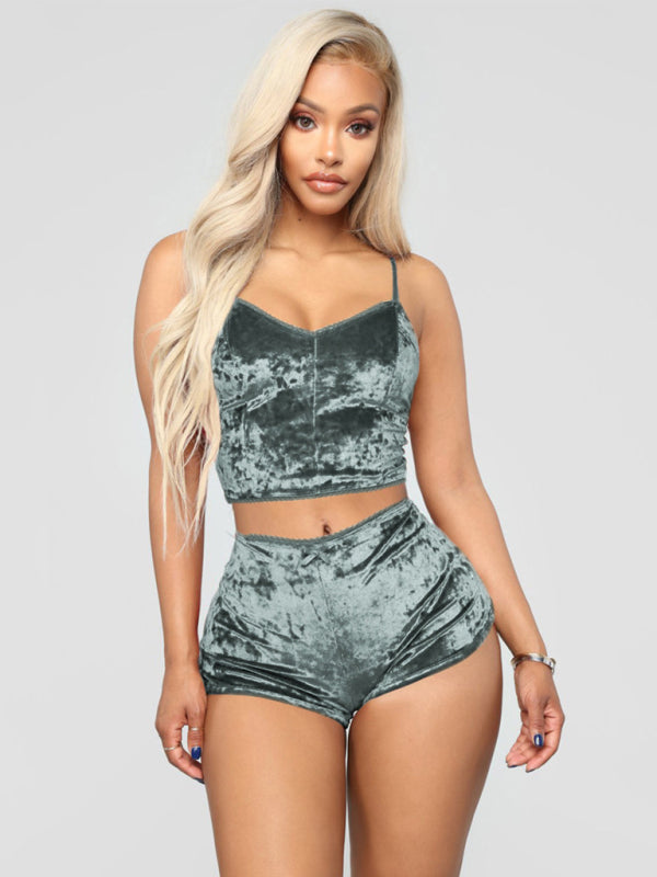 Pajamas- Velvet 2-Piece Sleepwear Set with Cami Top and Shorts Jammies- Grey- IndioGear Fashion and Gear