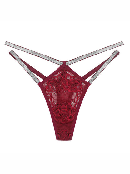 Panties- Sparkle T-String Lace Panty Underwear Lingerie- Wine Red- IndioGear Fashion and Gear