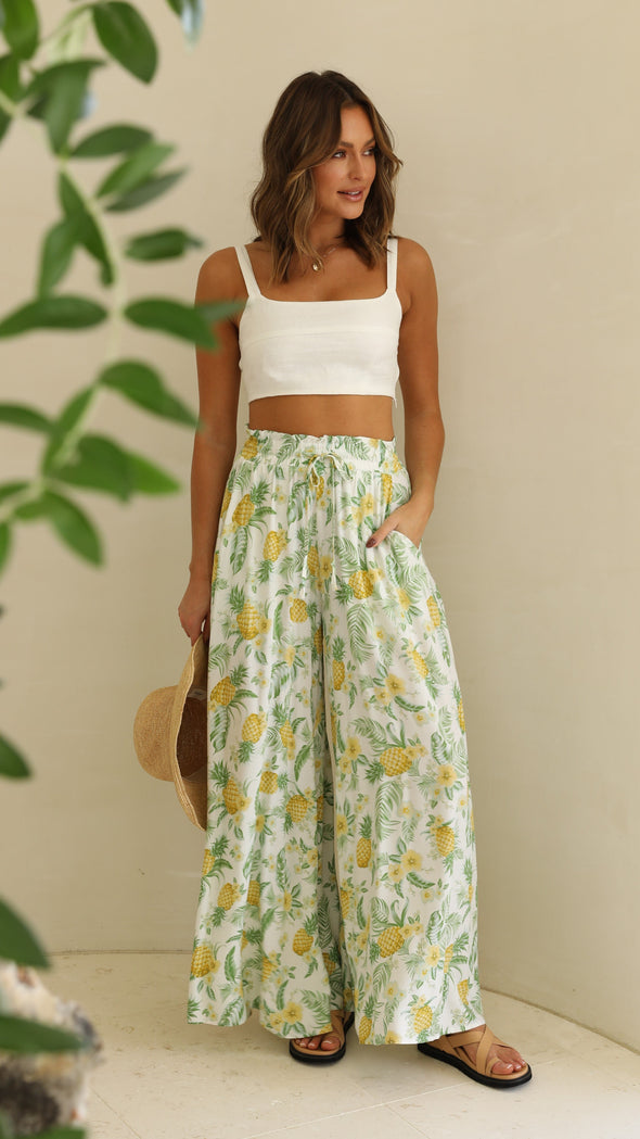 Pants- Floral Summer Tie-Waist Palazzo - Wide-Leg Pants- - IndioGear Fashion and Gear