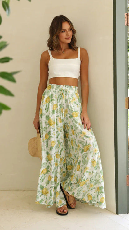 Pants- Floral Summer Tie-Waist Palazzo - Wide-Leg Pants- GreenYellow- IndioGear Fashion and Gear