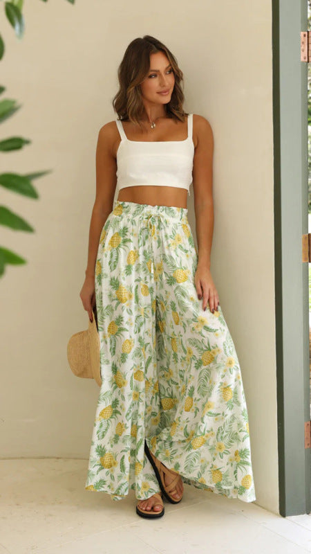 Pants- Floral Summer Tie-Waist Palazzo - Wide-Leg Pants- GreenYellow- IndioGear Fashion and Gear