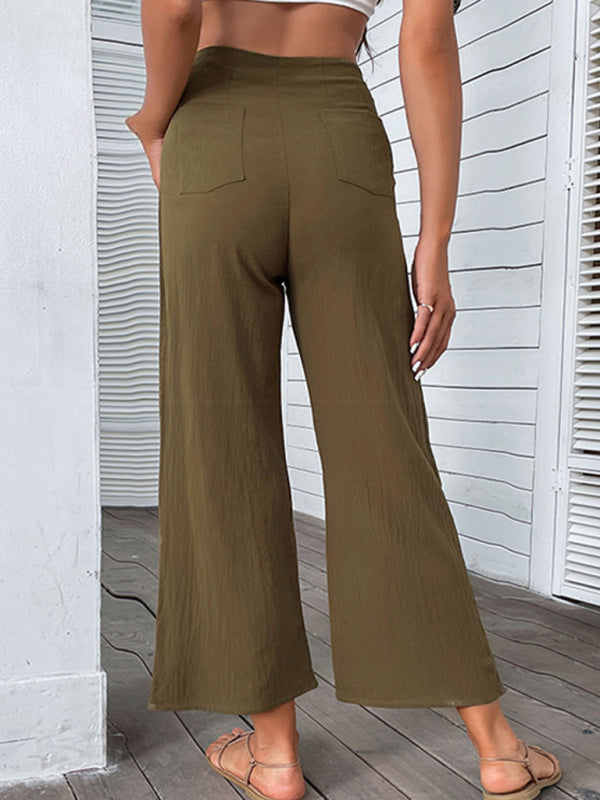 Pants- High Rise Solid Culotte Pants in a Cotton Blend with Buttons- - IndioGear Clothing and Gear