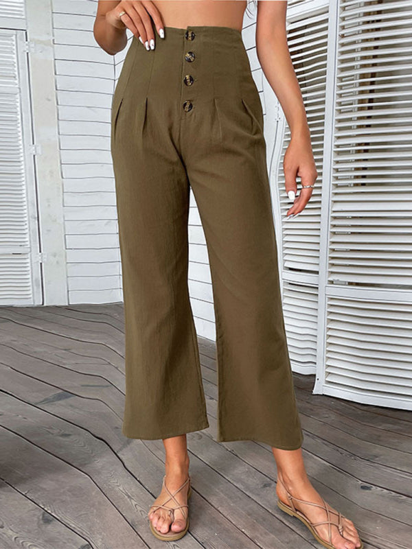 Pants- High Rise Solid Culotte Pants in a Cotton Blend with Buttons- - IndioGear Clothing and Gear