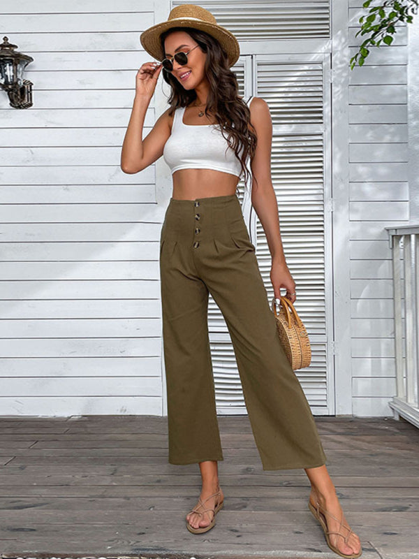 Pants- High Rise Solid Culotte Pants in a Cotton Blend with Buttons- Brown- IndioGear Clothing and Gear