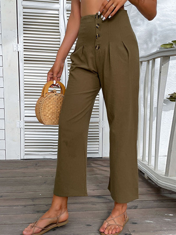 Pants- High Rise Solid Culotte Pants in a Cotton Blend with Buttons- - IndioGear Clothing and Gear