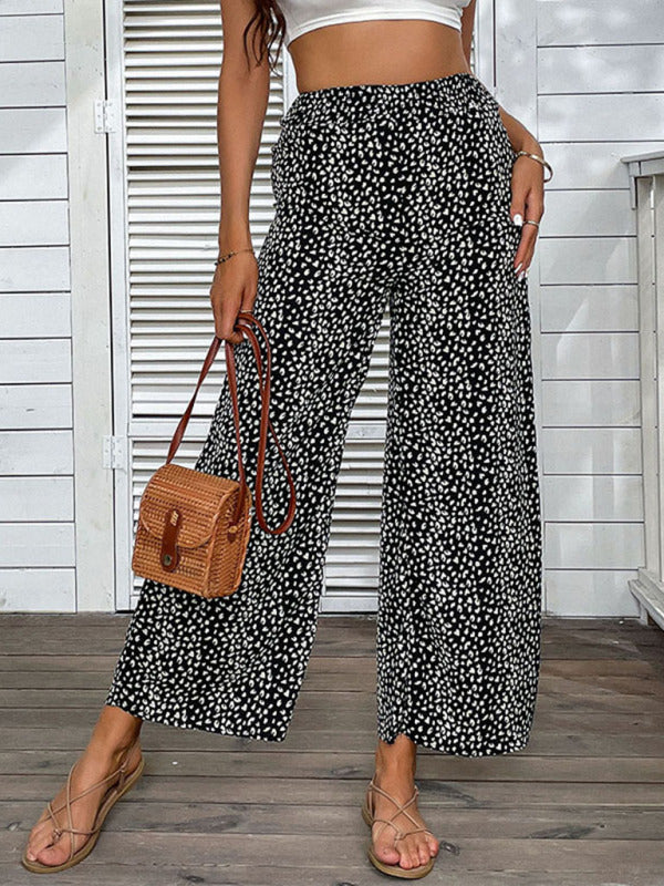 Pants- Leopard Print Trousers for Women - Wide Leg Pants- Black- IndioGear Fashion and Gear