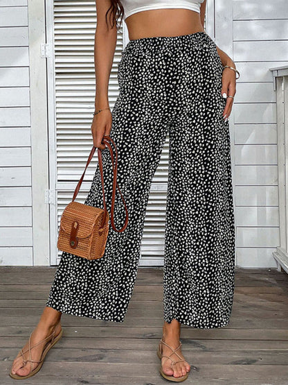 Pants- Leopard Print Trousers for Women - Wide Leg Pants- Black- IndioGear Fashion and Gear