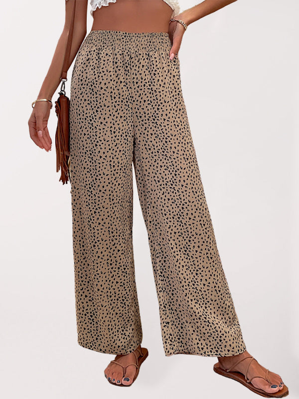 Pants- Leopard Print Trousers for Women - Wide Leg Pants- Khaki Beige- IndioGear Fashion and Gear