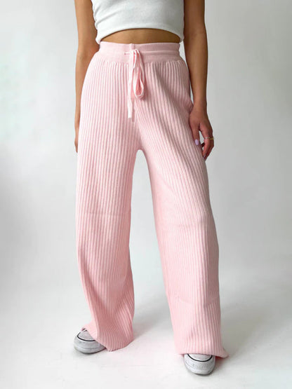 Pants- Relax Fit Ribbed Straight-Leg Pants- Pink- IndioGear Fashion and Gear