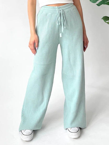 Pants- Relax Fit Ribbed Straight-Leg Pants- Pale green- IndioGear Fashion and Gear