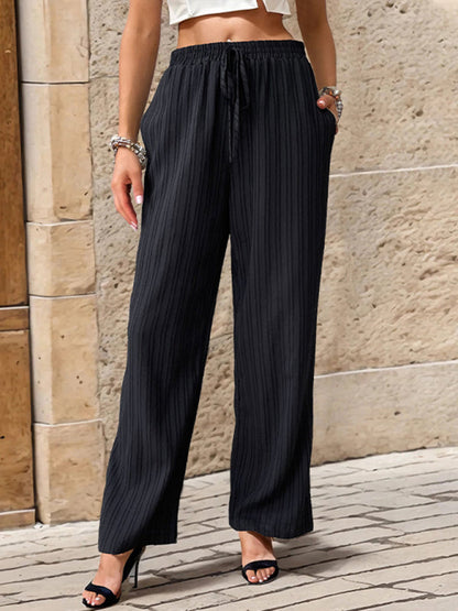 Pants- Ribbed Trousers - Women's Straight-Leg Pants with Handy Pockets- Black- IndioGear Fashion and Gear