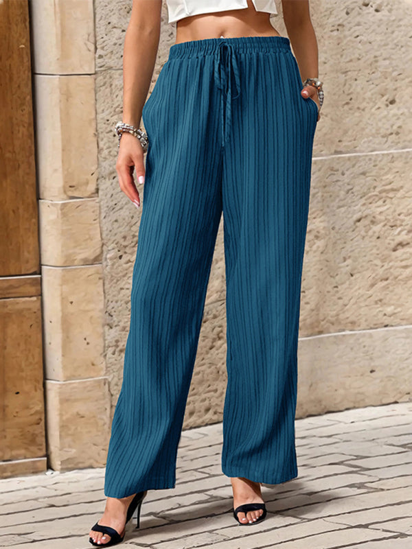 Pants- Ribbed Trousers - Women's Straight-Leg Pants with Handy Pockets- Blue- IndioGear Fashion and Gear