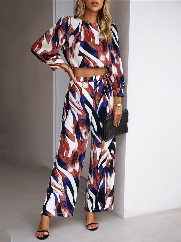 Pants Set- Abstract Print Set Straight Pants & Crop Long Sleeve Blouse- - IndioGear Fashion and Gear