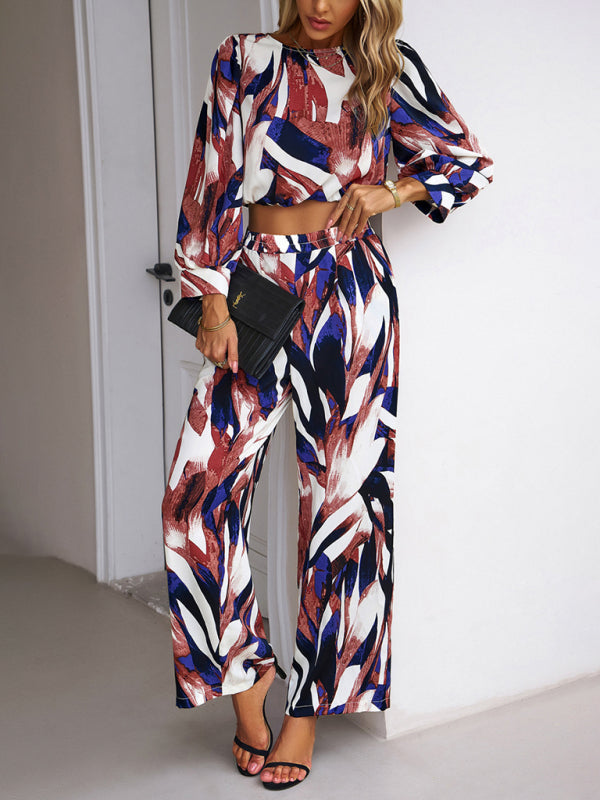 Pants Set- Abstract Print Set Straight Pants & Crop Long Sleeve Blouse- - IndioGear Fashion and Gear