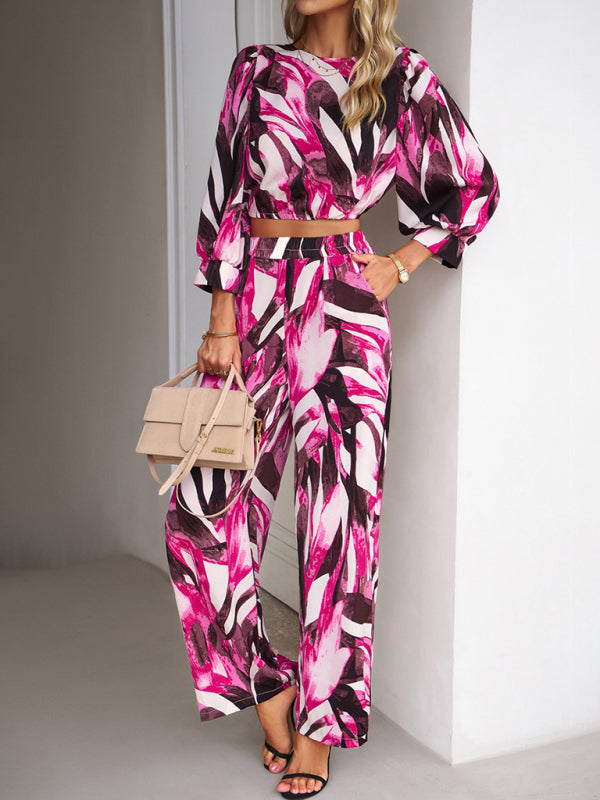 Pants Set- Abstract Print Set Straight Pants & Crop Long Sleeve Blouse- - IndioGear Fashion and Gear