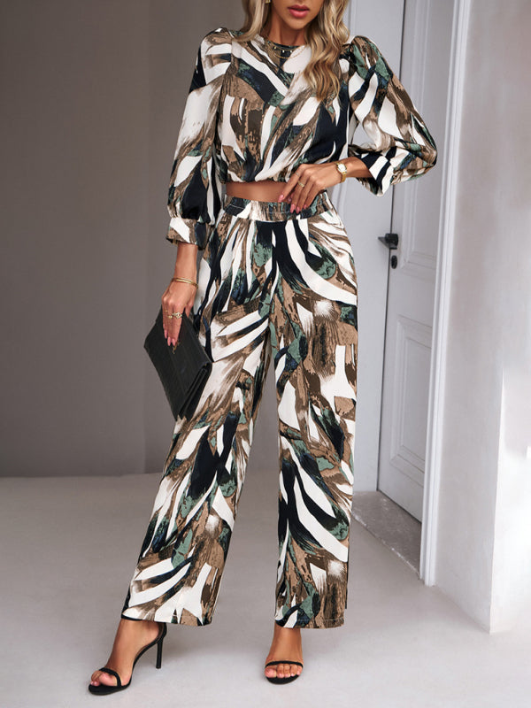 Pants Set- Abstract Print Set Straight Pants & Crop Long Sleeve Blouse- Green- IndioGear Fashion and Gear