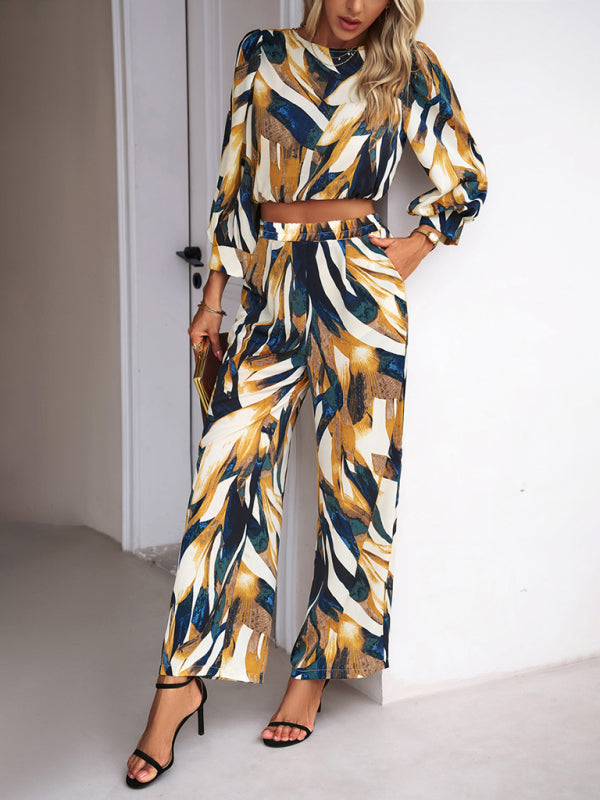 Pants Set- Abstract Print Set Straight Pants & Crop Long Sleeve Blouse- - IndioGear Fashion and Gear