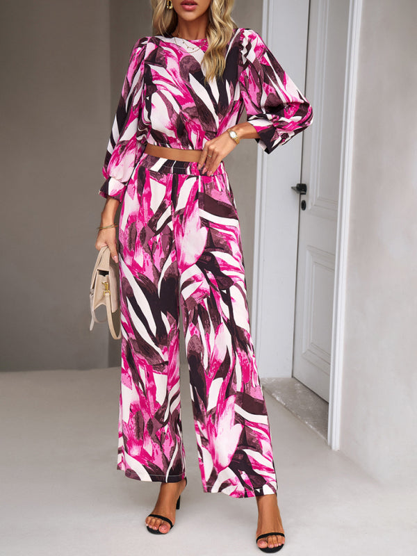 Pants Set- Abstract Print Set Straight Pants & Crop Long Sleeve Blouse- - IndioGear Fashion and Gear