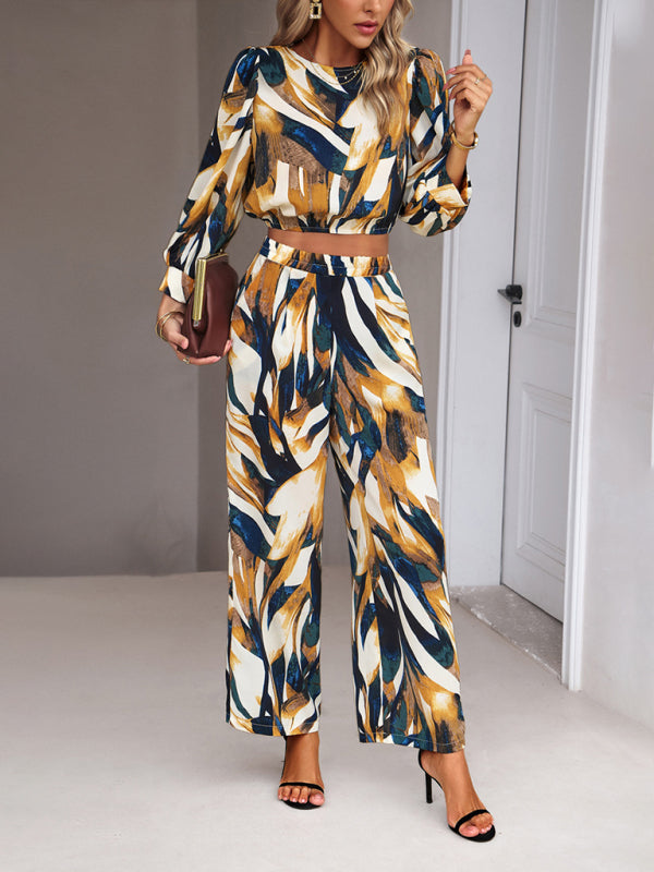 Pants Set- Abstract Print Set Straight Pants & Crop Long Sleeve Blouse- - IndioGear Fashion and Gear