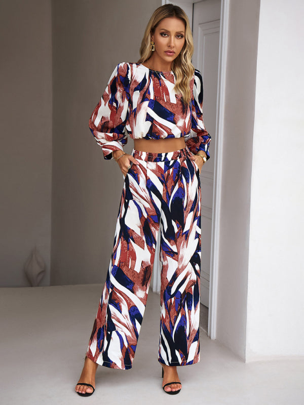 Pants Set- Abstract Print Set Straight Pants & Crop Long Sleeve Blouse- - IndioGear Fashion and Gear