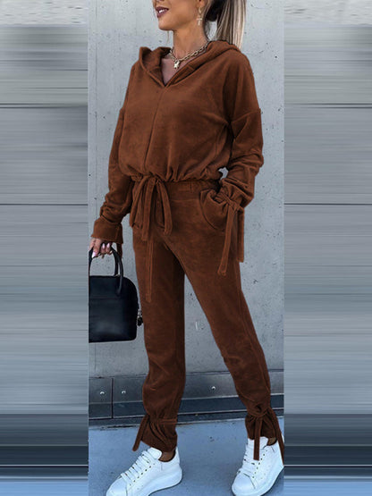 Pants Set- Velvet Set Hoodie Sweatshirt & Pencil Sweatpants- Brown- IndioGear Fashion and Gear