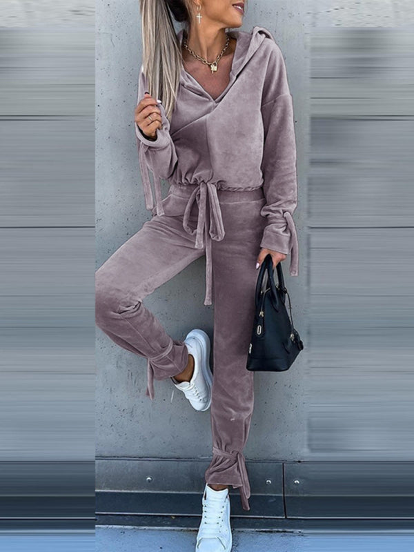 Pants Set- Velvet Set Hoodie Sweatshirt & Pencil Sweatpants- Grey- IndioGear Fashion and Gear