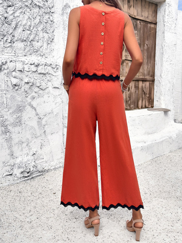 Pants Set- Women's Matching Ric-Rac Vacation Set - Sleeveless Top & Culotte Pants- - IndioGear Fashion and Gear