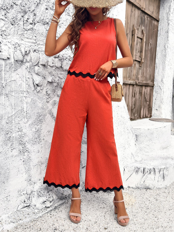 Pants Set- Women's Matching Ric-Rac Vacation Set - Sleeveless Top & Culotte Pants- Orange- IndioGear Fashion and Gear